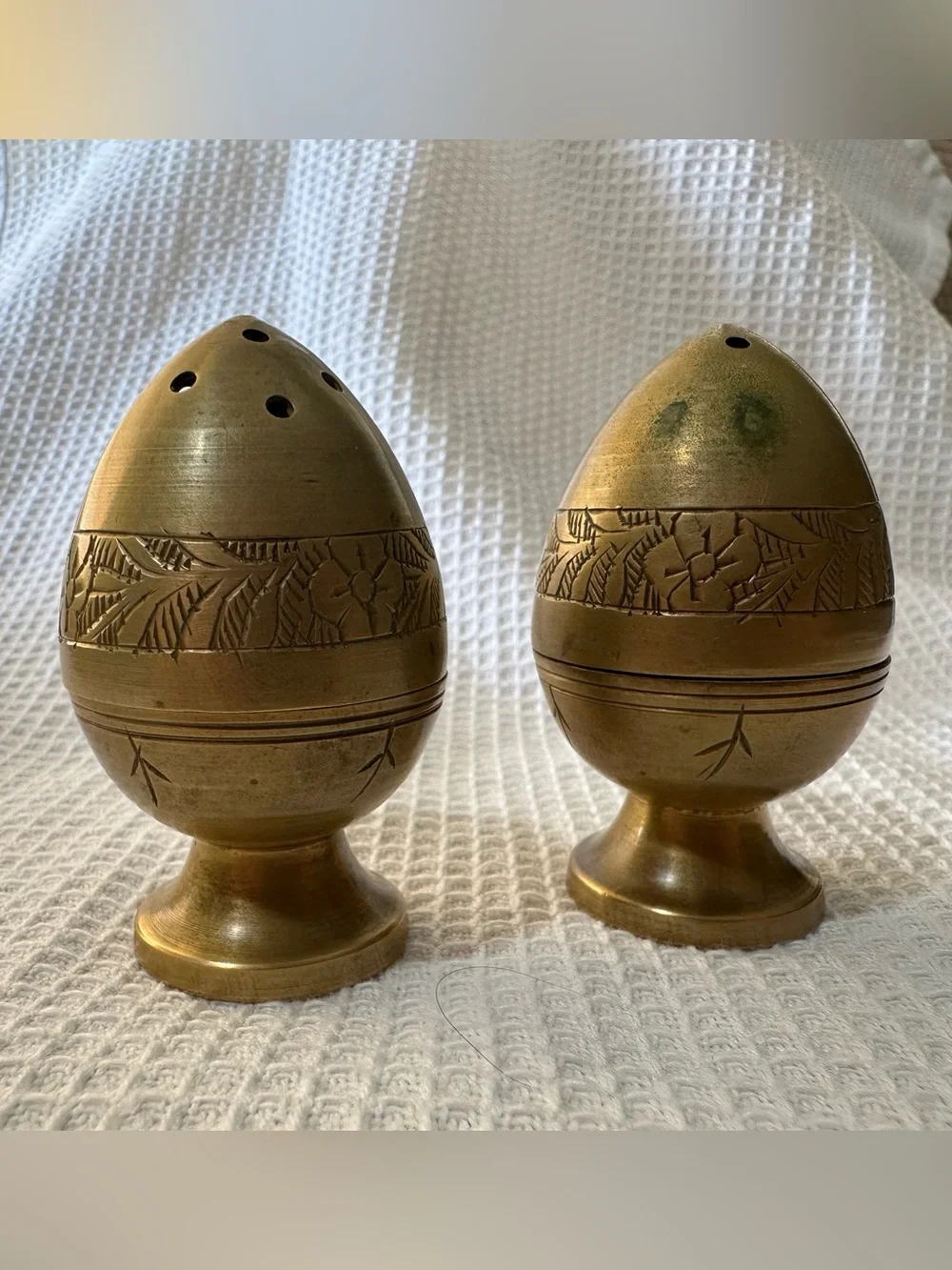 Vintage Hand-Etched Brass Egg Shaker Set - Peshawar Pakistan - Ganibeg Signed